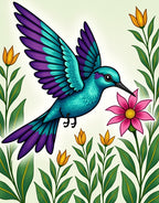 Vibrant Hummingbird with Floral Garden Rug