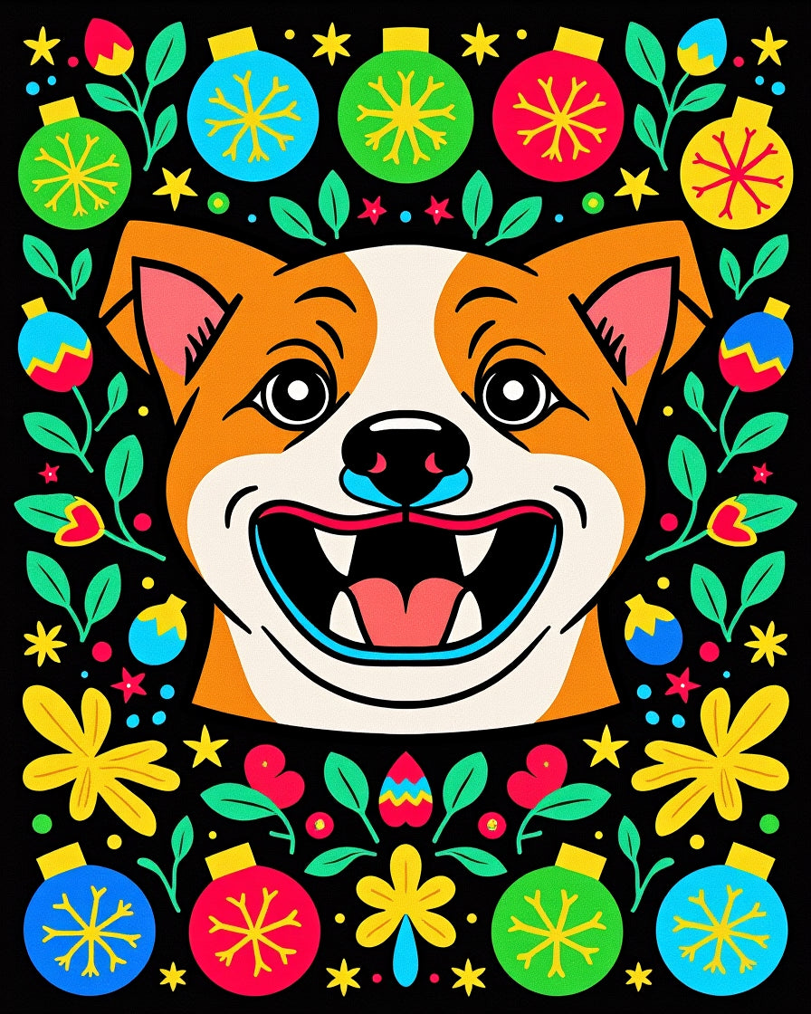 Joyful Dog With Festive Ornaments Rug