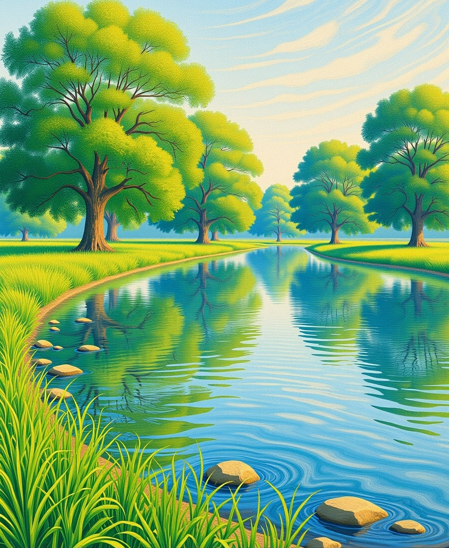 Serene Waterside Lush Green Trees Rug