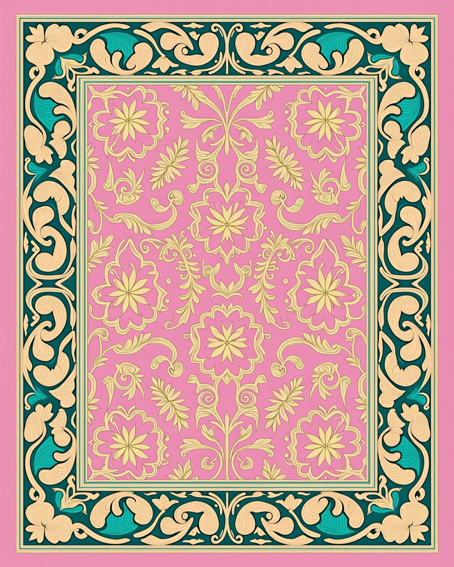 Pink Floral Medallion Border Rug