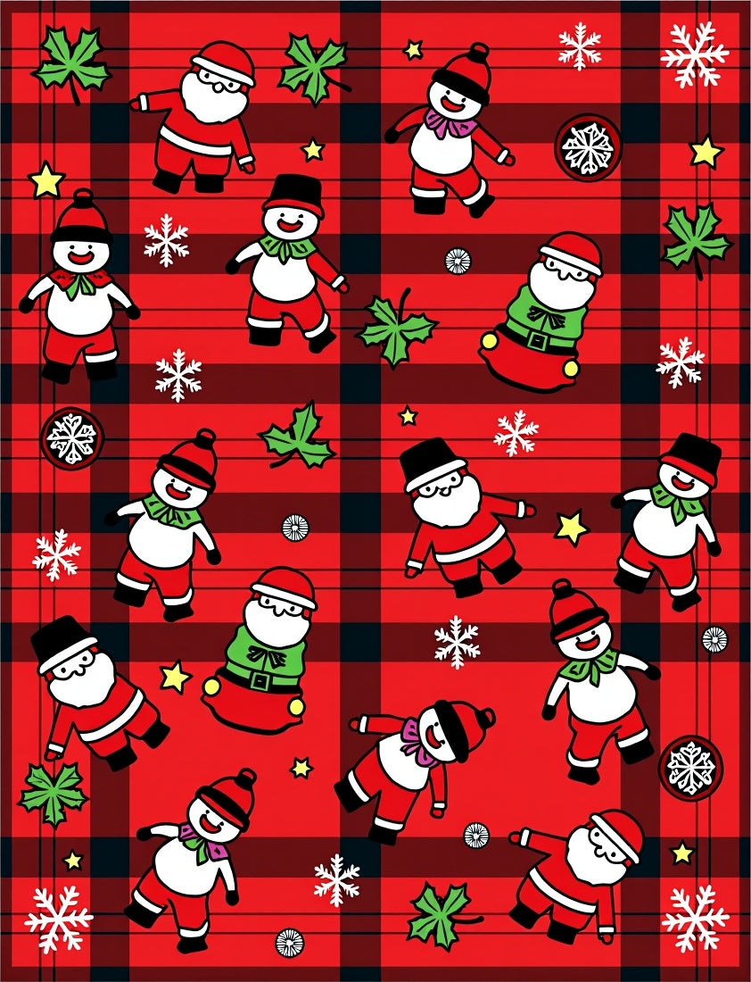 Jolly Santa Snowman Plaid Christmas Rug