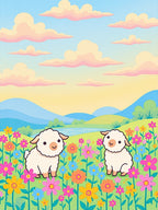 Pastel Sky Sheep Meadow Floral Landscape Rug