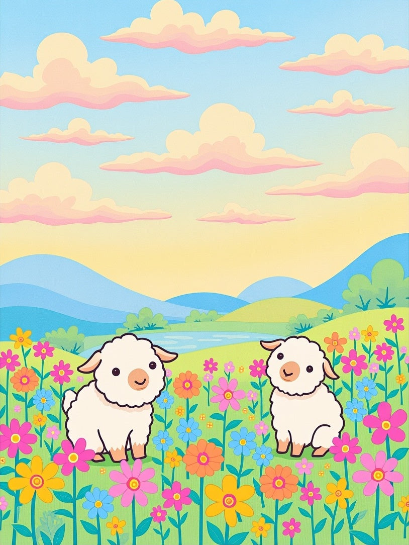 Pastel Sky Sheep Meadow Floral Landscape Rug