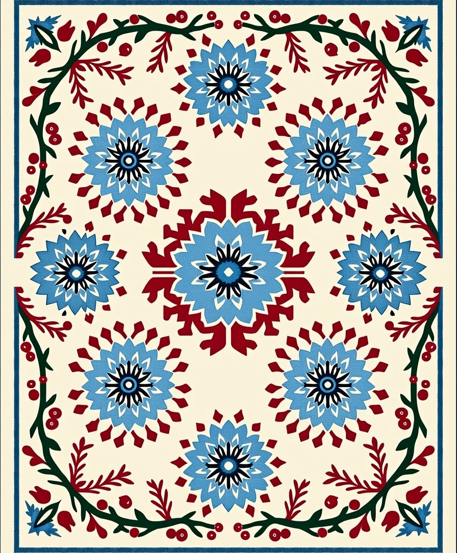 Vibrant Blue Floral Folklore Border Rug