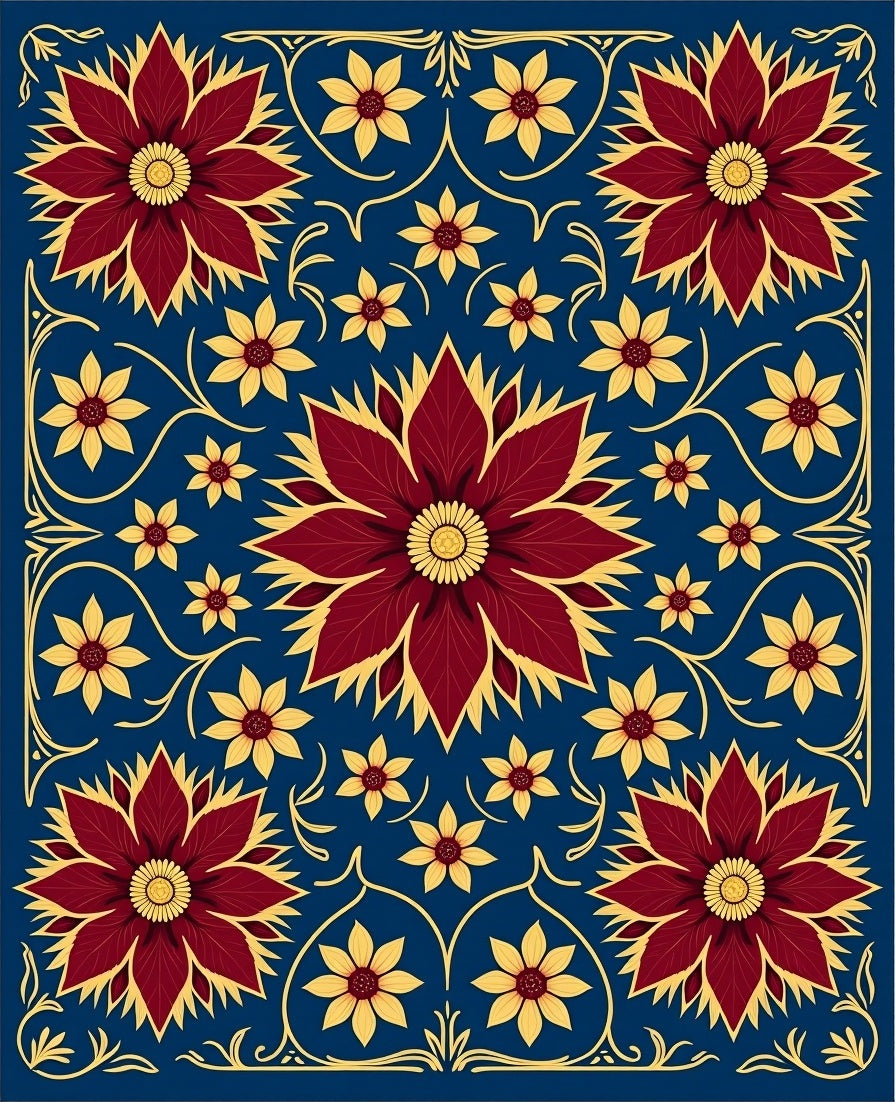 Deep Blue Floral Sunburst Medallions Rug