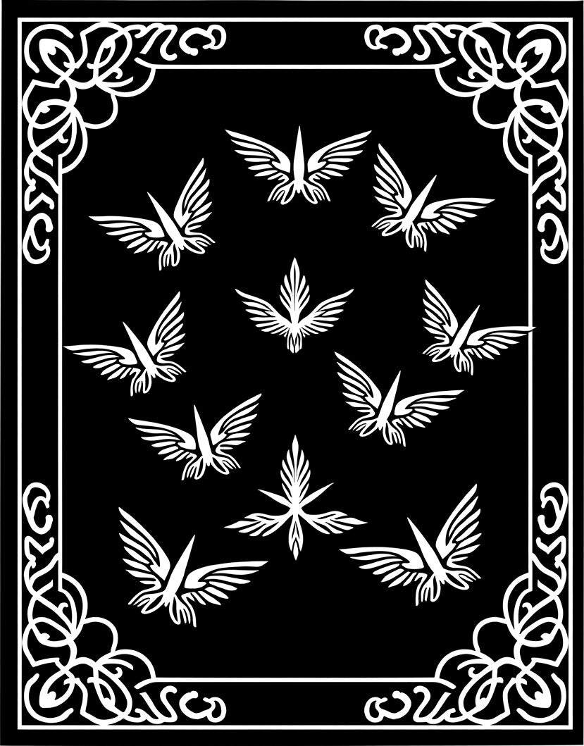Black White Winged Bird Border Rug