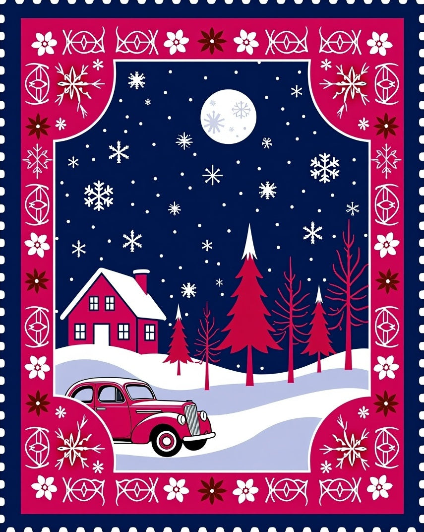 Vintage Red Car Snowscape Night Rug