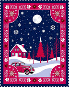 Vintage Red Car Snowscape Night Rug