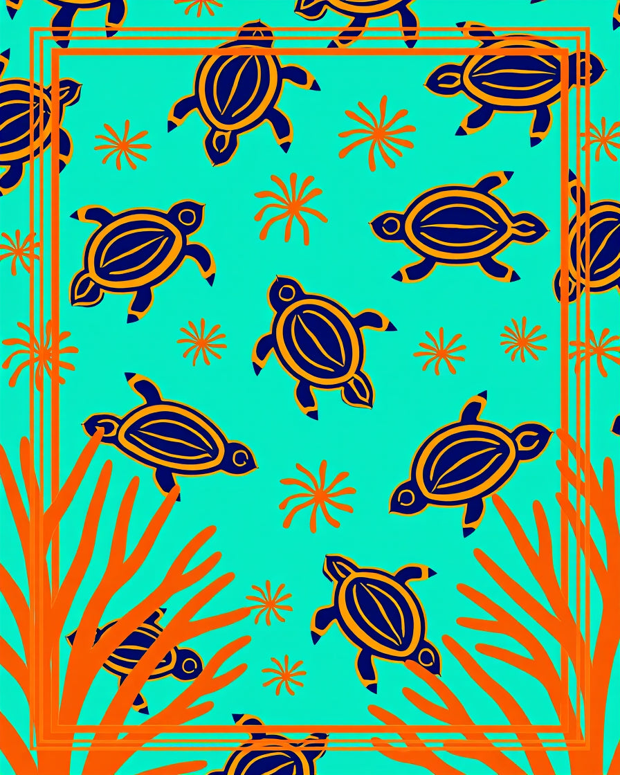 Turquoise Turtle Coral Abstract Border Rug