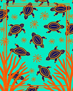 Turquoise Turtle Coral Abstract Border Rug