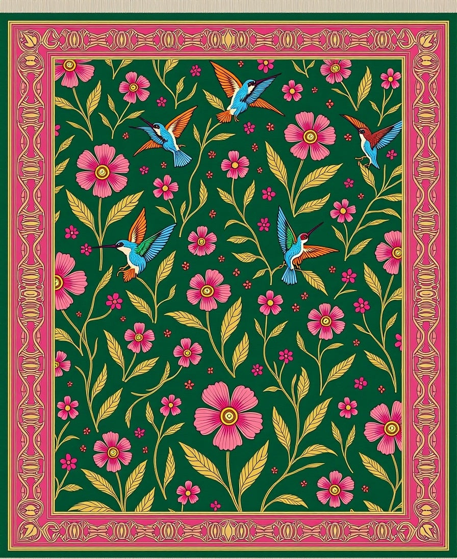 Emerald Green Hummingbird Floral Garden Rug
