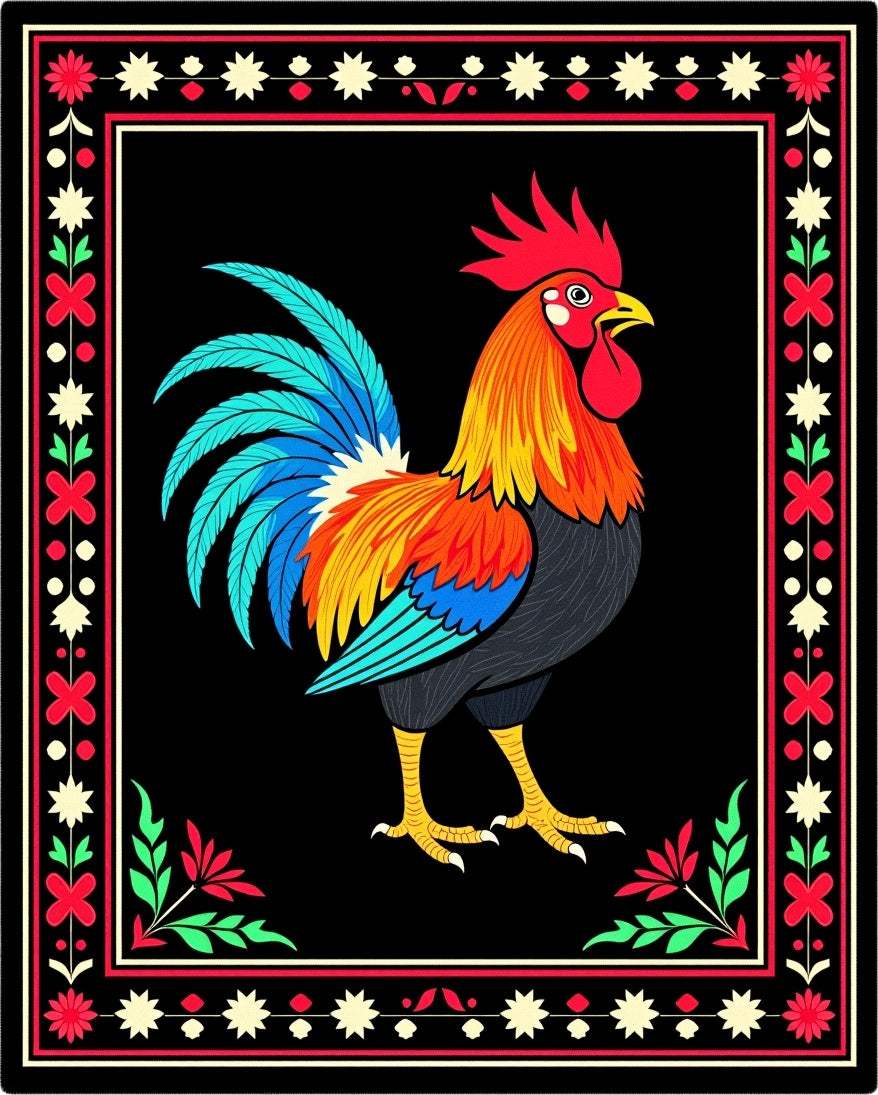Vibrant Rooster Floral Border Rug