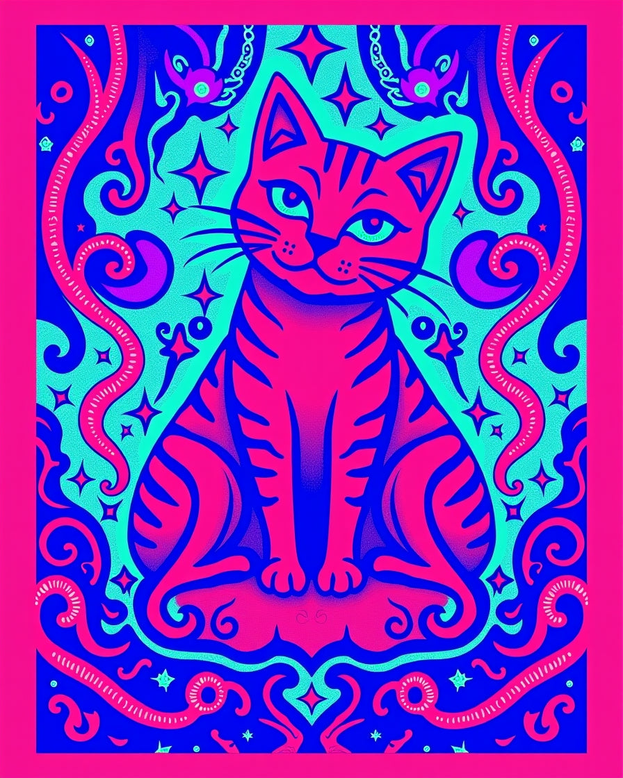 Vibrant Pink And Blue Feline Stars Rug