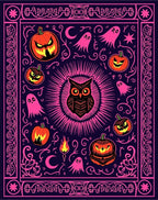 Spooky Owl Jack-o-Lantern Pink Ghost Medallion Rug