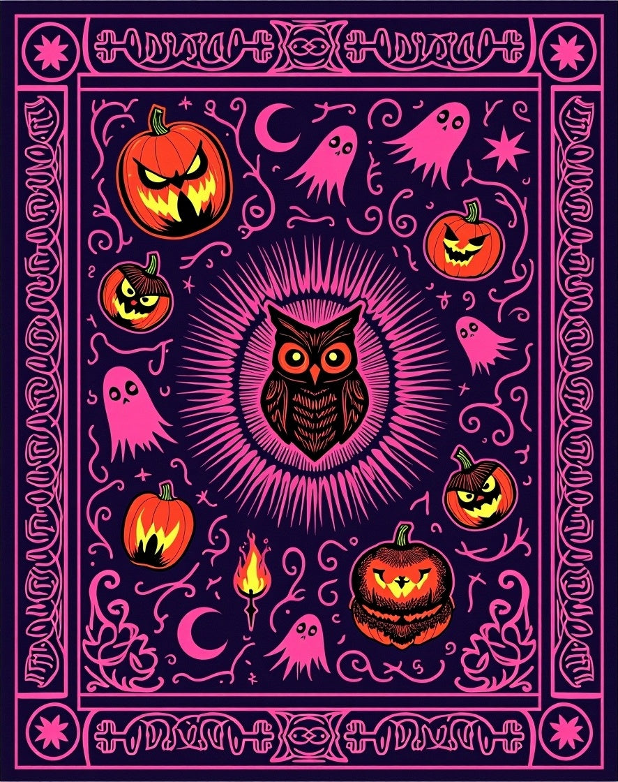 Spooky Owl Jack-o-Lantern Pink Ghost Medallion Rug