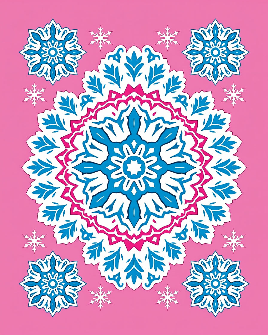 Pink Blue Snowflake Mandala Rug
