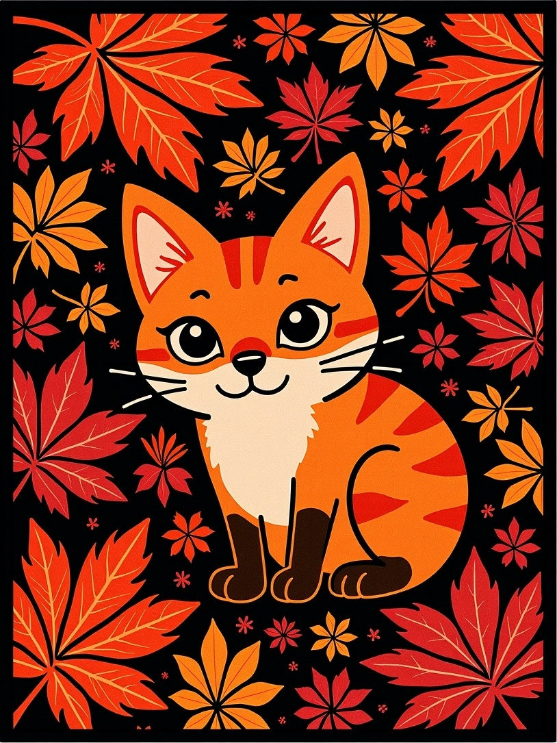 Orange Tabby Cat Amidst Autumn Leaves Rug