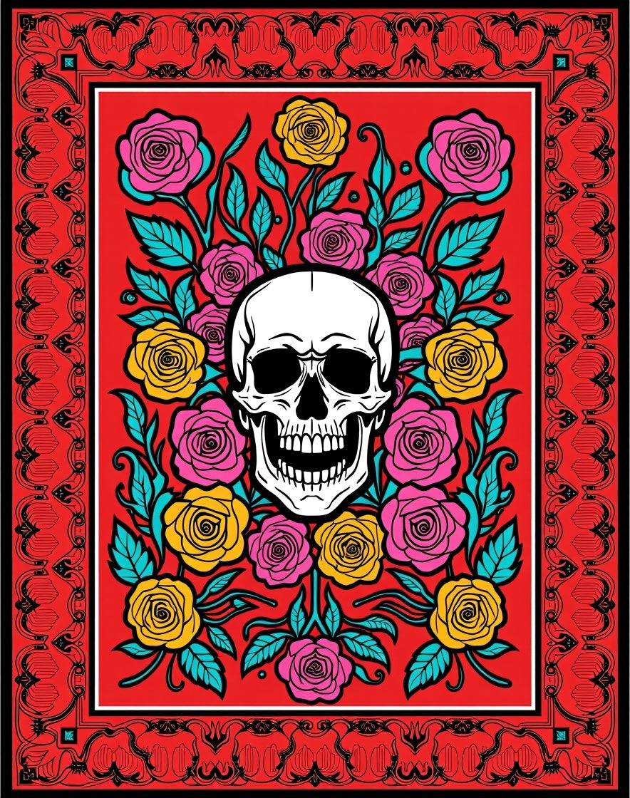 Crimson Skull Floral Border Rug