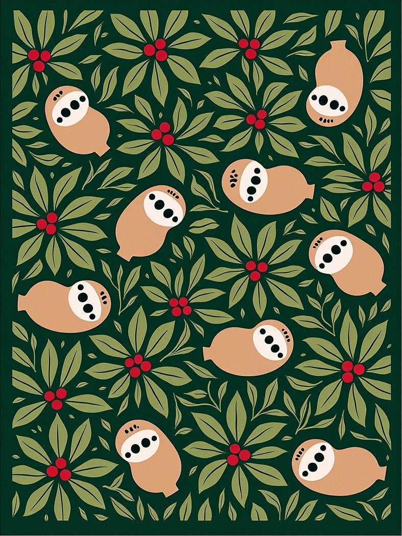 Whimsical Sloth Berry Leaf Collage Rug