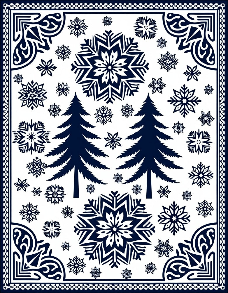 Deep Blue Snowflake Pine Forest Rug