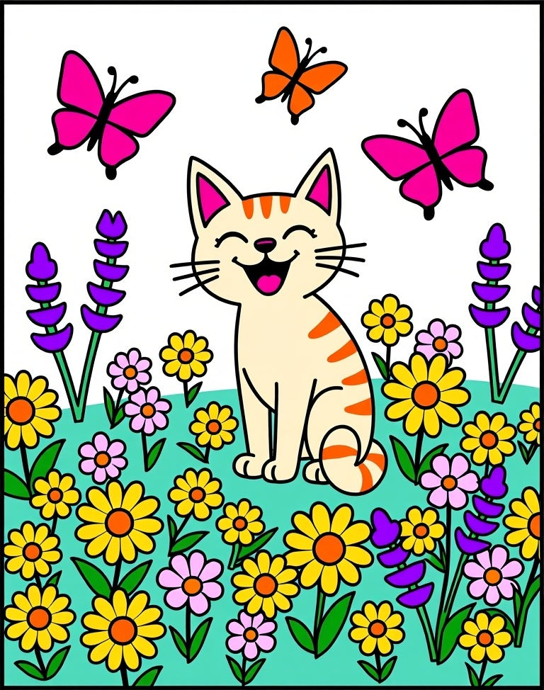 Whimsical Orange Cat Butterflies Flowers Rug