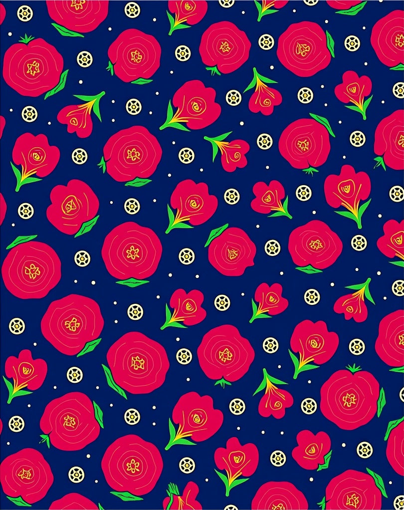 Crimson Rosebuds Scattered Blue Textile Rug