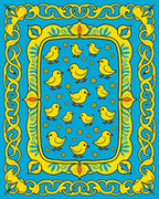 Bright Yellow Chickens Blue Floral Border Rug