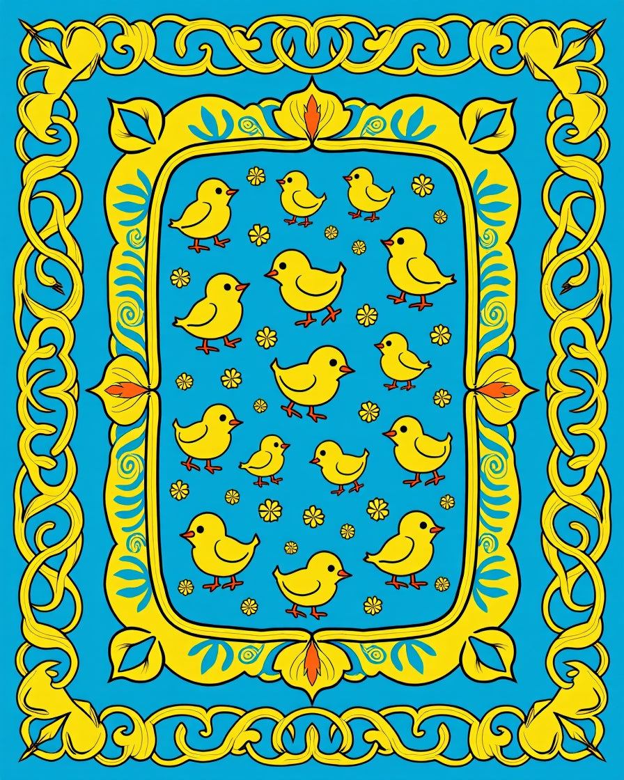 Bright Yellow Chickens Blue Floral Border Rug