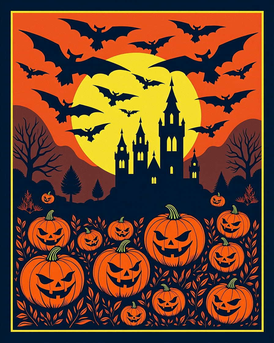 Spooky Halloween Bats Pumpkin Castle Night Rug