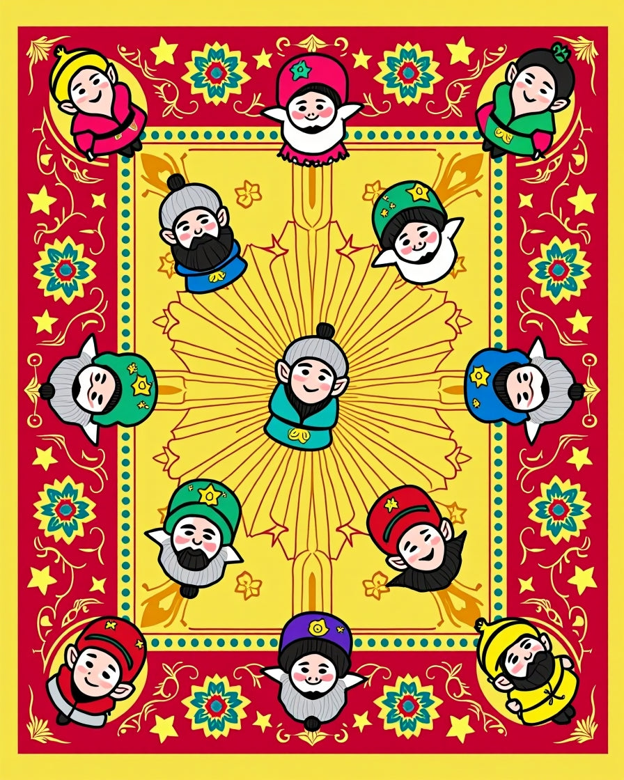 Joyful Figures Red Yellow Folk Art Rug