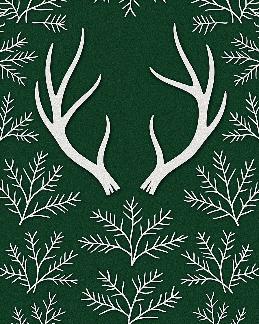White Antlers on Deep Forest Green Background Rug
