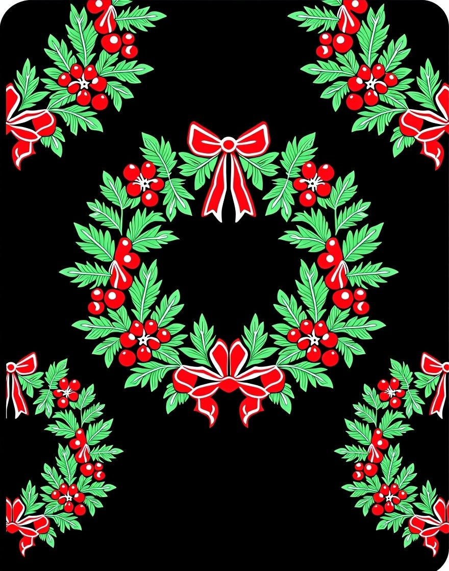Holiday Wreath Red Green Bows Rug