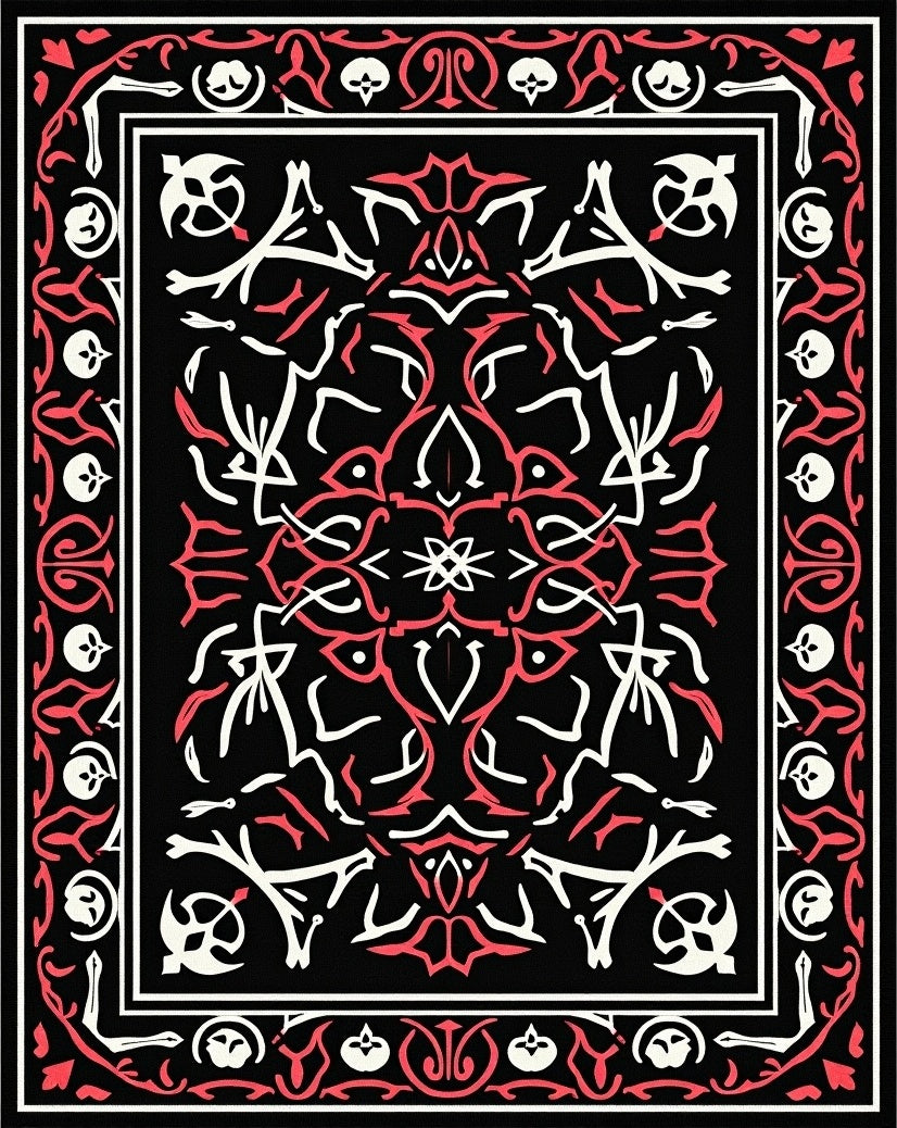 Black Crimson White Ornate Medallion Rug
