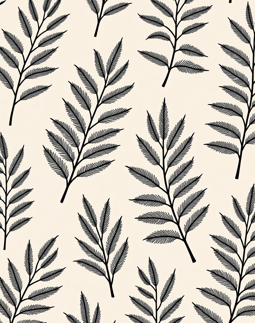 Black Fern Branch Cream Background Rug