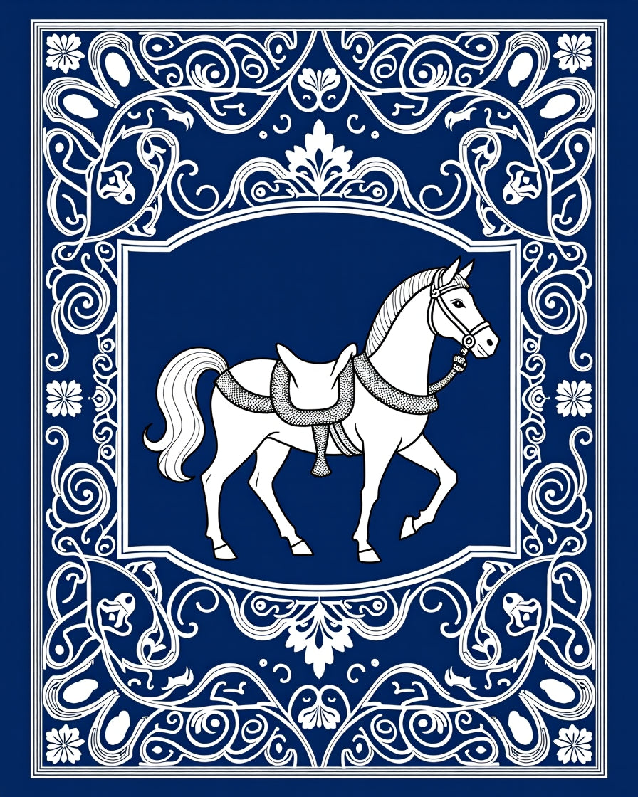 Regal White Horse Blue Medallion Border Rug