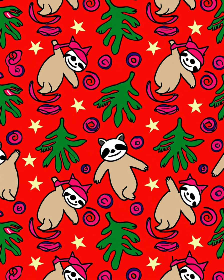 Red Sloth Christmas Tree Star Whimsy Rug