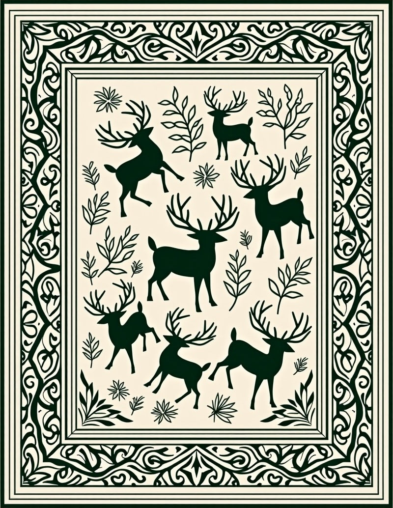 Dark Green Reindeer Forest Border Rug