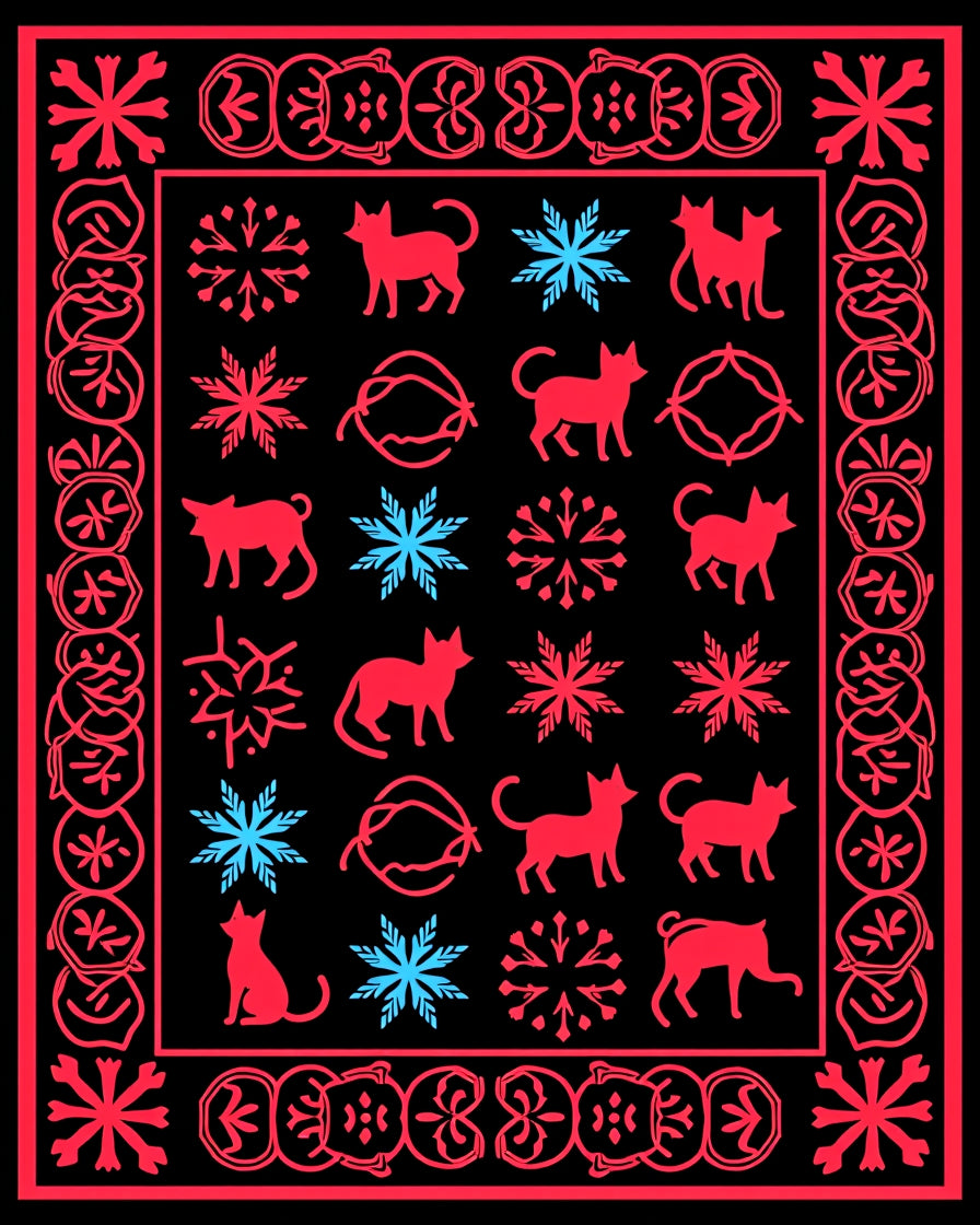 Red and Blue Cat Snowflake Border Rug
