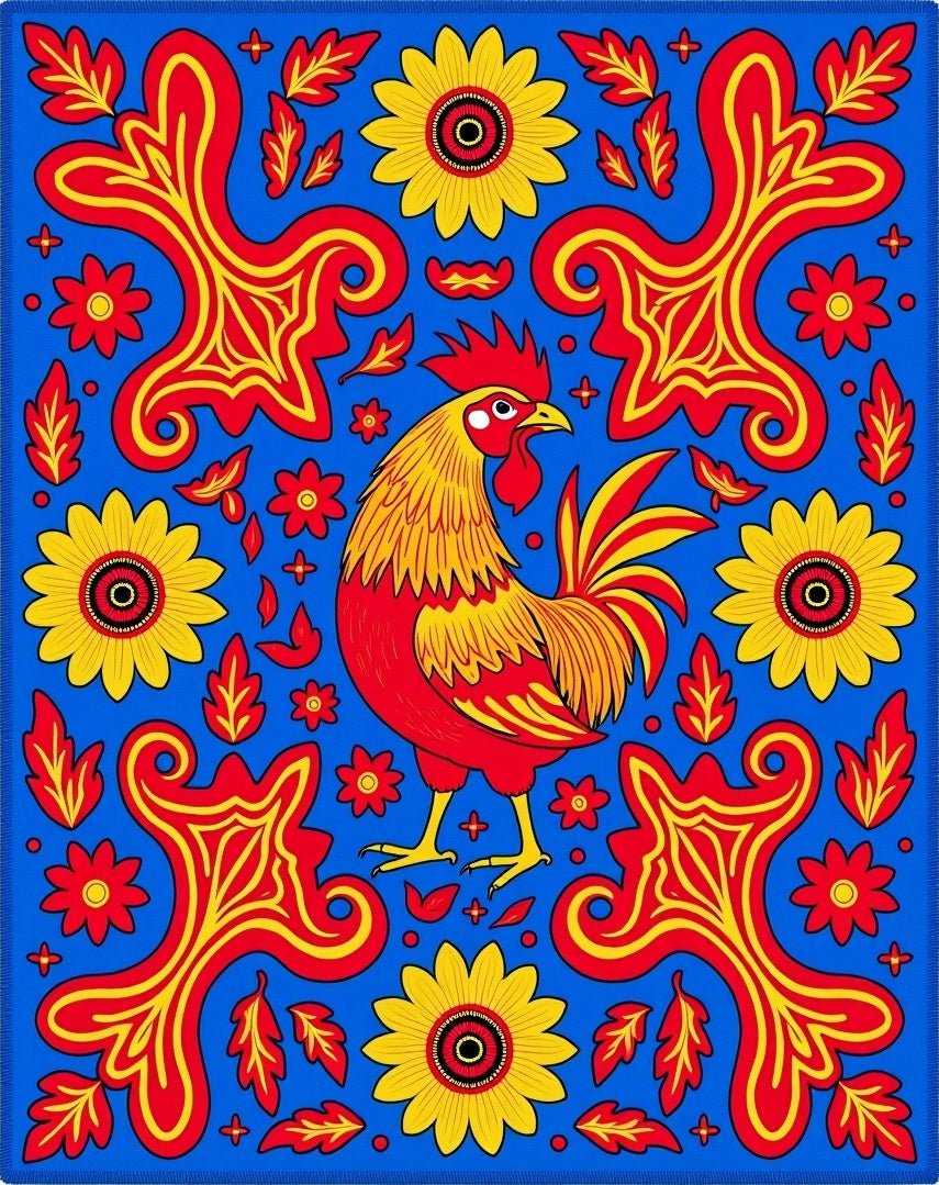 Bright Rooster Floral Swirl Blue Rug