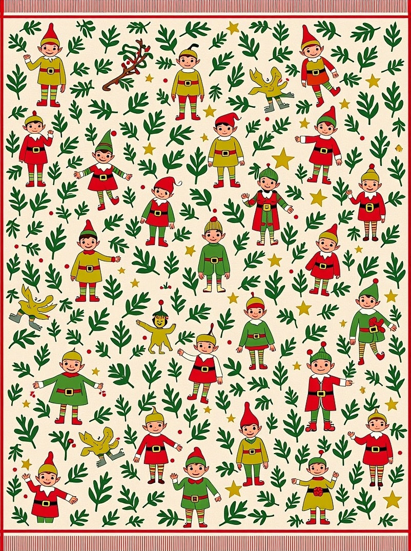 Festive Elves With Greenery Holiday Rug