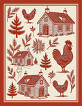 Farmhouse Red Rooster Village Scene Rug