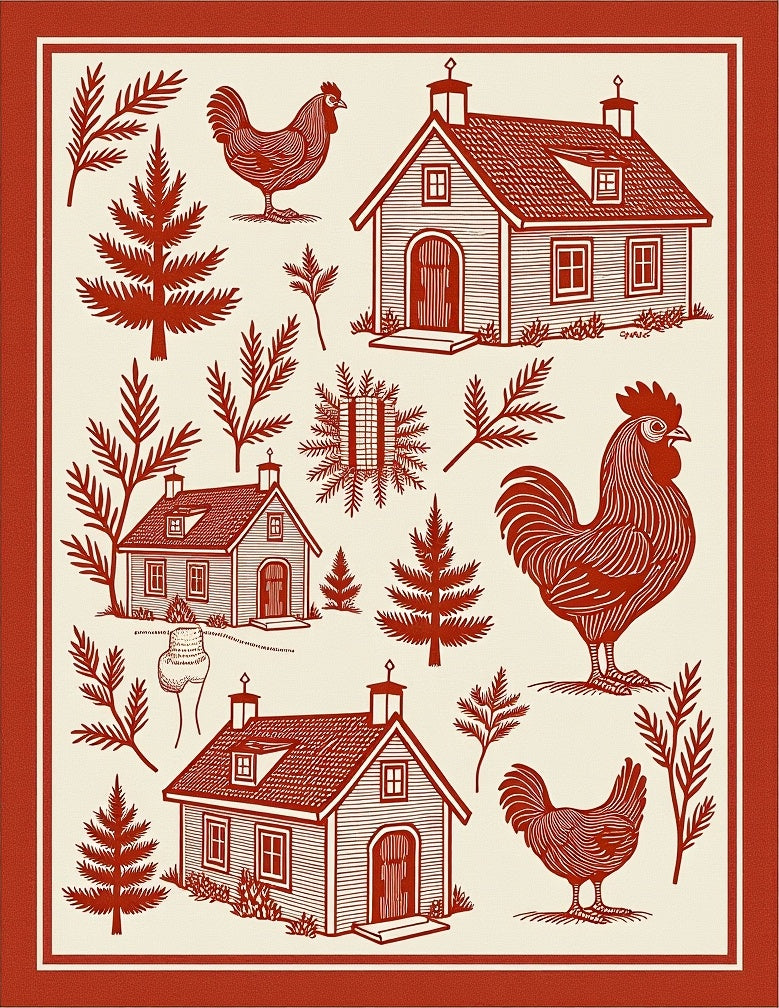 Farmhouse Red Rooster Village Scene Rug