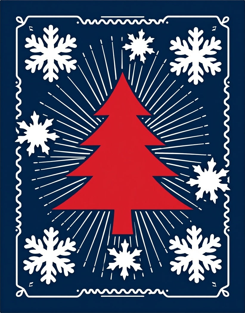 Crimson Tree White Snowflakes Midnight Blue Rug