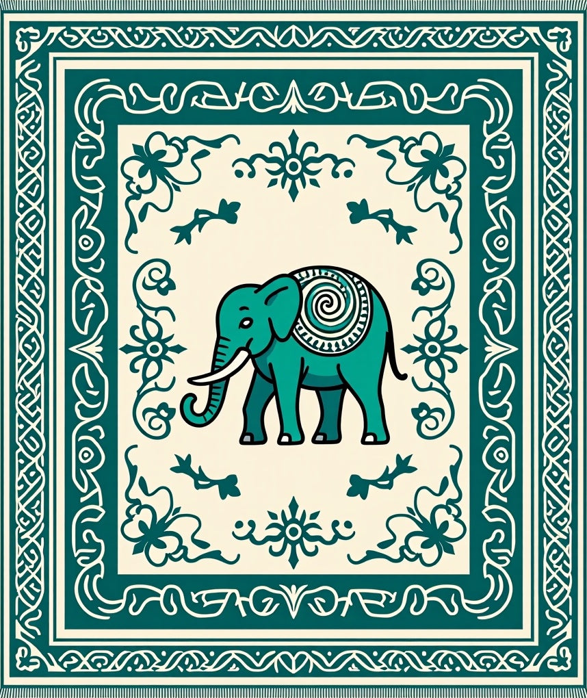 Teal Elephant Ivory Border Medallion Rug