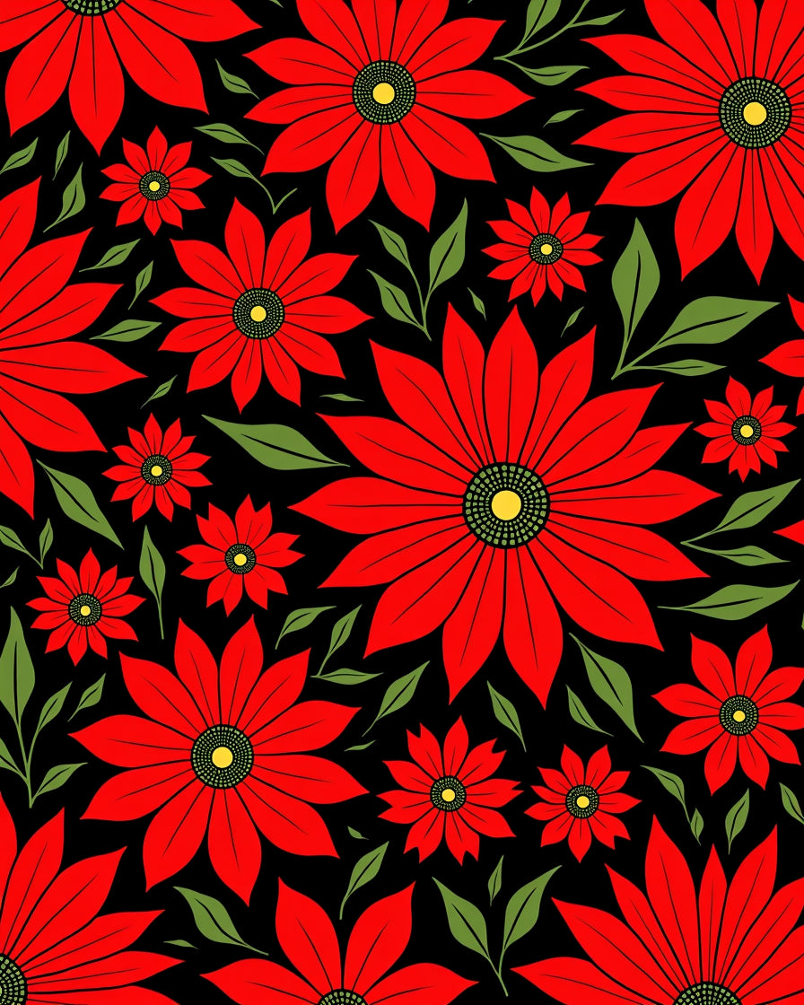 Vibrant Red Floral Black Background Rug
