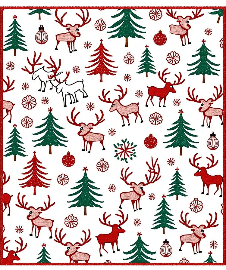 Festive Red Green Reindeer Christmas Trees Rug