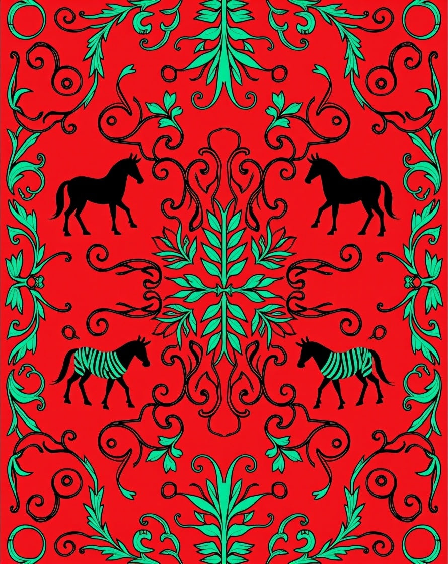 Red Horses And Zebras Baroque Rug