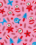 Whimsical Red Blue Characters Pink Background Rug