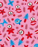 Whimsical Red Blue Characters Pink Background Rug