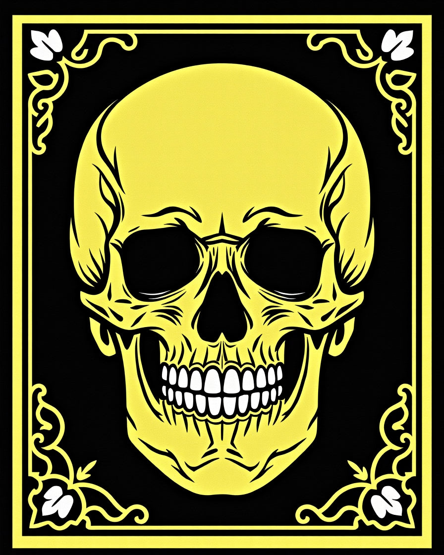 Bold Yellow Skull Black Ornate Frame Rug